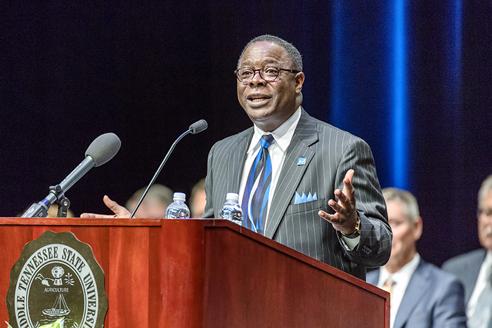MTSU President Sidney A. McPhee makes a point during his 2016 “State of the University” speech Thursday, Aug. 18, inside the university’s Tucker Theatre. The address, which covered MTSU’s recent accomplishments and upcoming challenges, was the focus of the Fall Faculty Meeting, which convenes each year before the new academic year begins. MTSU’s 2016-17 classes begin Monday, Aug. 22. (MTSU photo by J. Intintoli)