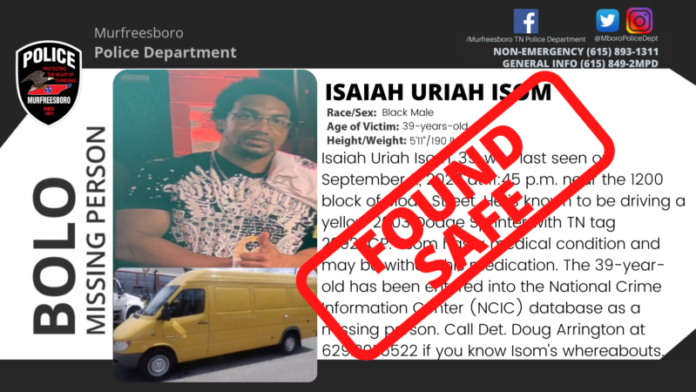 MISSING ISAIAH URIAH ISOM found