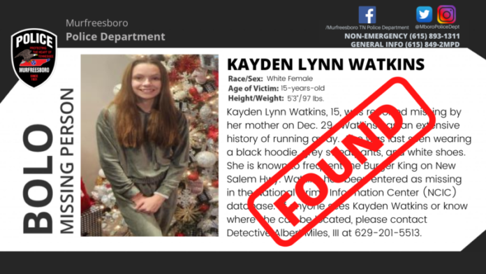UPDATE: 15-year-old Kayden Lynn Watkins has been safely located. She was returned to the custody of her parents.