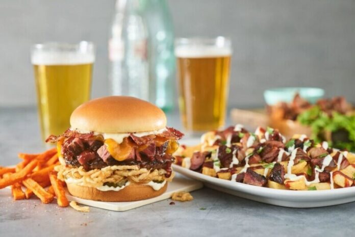 BBQ Burnt Ends ‘N Bacon Burger with BBQ Burnt Ends Loaded Fries