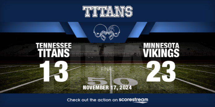 The Tennessee Titans (2-8) dropped their fourth straight game, falling to the Minnesota Vikings (8-2) 23-13 at Nissan Stadium